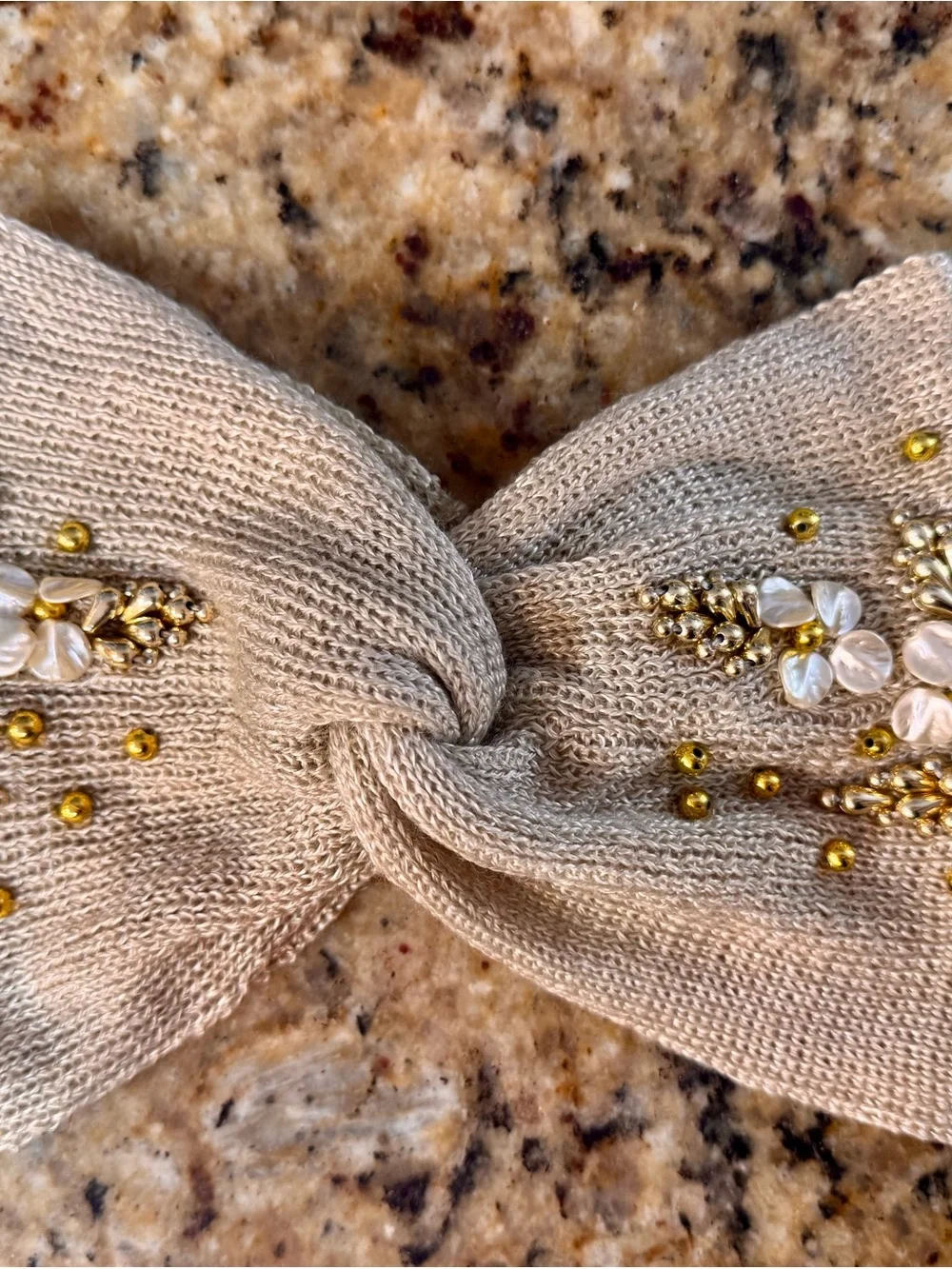 Anthropologie Beaded Knit Turban Headband Ear Warmer - Beige & Gold Boho
